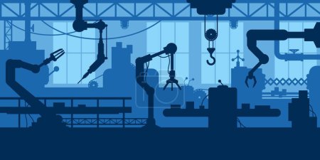 Factory interior silhouette. Car manufacturing process, industrial machine workshop with robotic arm conveyor assembly line. Vector background of factory business design and interior illustration