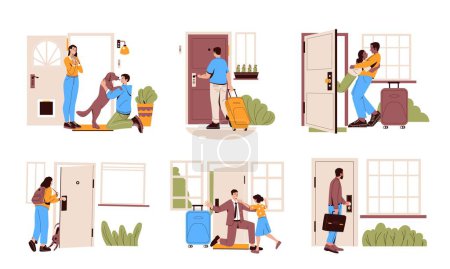 Illustration for People return home. Cartoon characters returning apartment, man woman come to residence work trip study school walking flat. Vector set of people return to daughter, returning or reunion illustration - Royalty Free Image