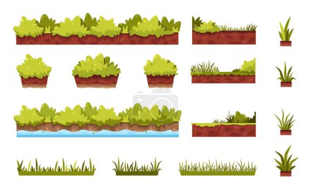 Illustration for Cartoon grass. Game asset of green bush lawn border floral environment, comic hedge leaves herb ui gaming design. Vector isolated set of landscape level cartoon, horizontal nature lawn illustration - Royalty Free Image