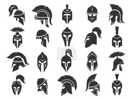 Illustration for Spartan black helmets. Ancient roman gladiator headgear protection, monochrome silhouettes of medieval classical greek soldier war equipment. Vector set of spartan or roma of helmet - Royalty Free Image