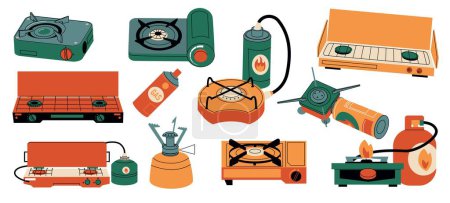Téléchargez les illustrations : Gas stove. Camping portable burner with propane fuel balloons, expedition picnic equipment for outdoor cooking cartoon flat style. Vector set of burner portable for camp and travel illustration - en licence libre de droit