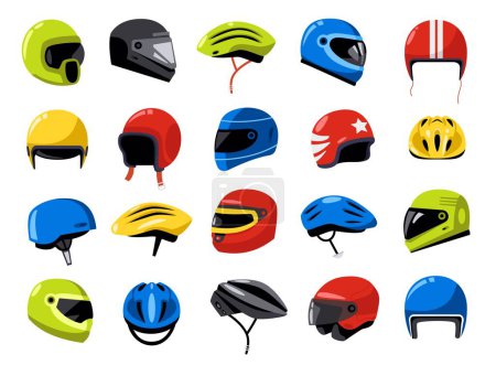 Illustration for Motorcycle helmets. Racing headgear equipment for extreme motorcyclist driver motorbikes bicycle biker, head protection flat style. Vector set of helmet headgear and race motorcyclist illustration - Royalty Free Image
