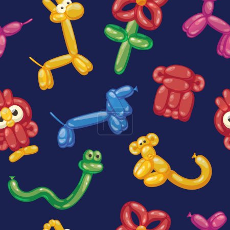 Téléchargez les illustrations : Balloon animals pattern. Seamless print of cute inflatable birthday party decoration elements, funny dog monkey snake horse characters. Vector texture of balloon happy birthday illustration pattern - en licence libre de droit