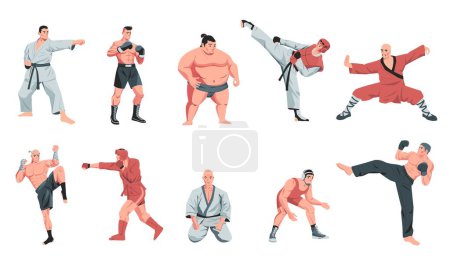 Martial arts fighters. Cartoon warrior characters sparring and training in uniform, fight activity karate judo aikido sports. Vector isolated set of warrior character, fighter combat illustration