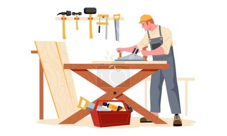 Taller de carpintería. Carpintero de dibujos animados carácter tablero de madera haciendo muebles de madera, madera artesanal con herramientas de carpintería en el estudio. Ilustración vectorial de carácter carpintería, trabajador profesional