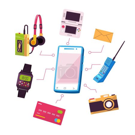 Illustration for Smartphone replaced devices. Mobile phone multipurpose functionality in comparison with retro analog devices, nostalgic 90s concept. Vector illustration of replacement 90s gadget - Royalty Free Image