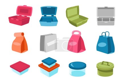 Téléchargez les illustrations : Lunchbox collection. Cartoon containers, disposable paper bags and plastic storage for snacks meal healthy daily food, lunch to go concept. Vector set empty lunchbox collection illustration - en licence libre de droit