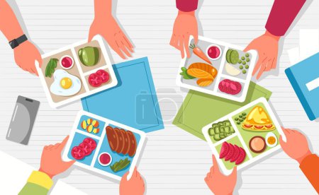 Illustration for Hands with lunchbox. Arms holding containers with healthy food on table top view, cartoon flatlay with packed bags full of fruits vegetables. Vector illustration of lunchbox with snack breakfast - Royalty Free Image