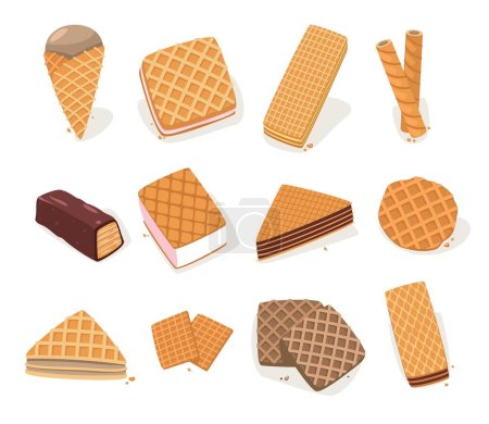 Téléchargez les illustrations : Waffle shapes. Cartoon wafer biscuits and cakes different forms, delicious sweet roasted snack, tasty crispy bakery food flat style. Vector isolated set of waffle biscuit illustration - en licence libre de droit