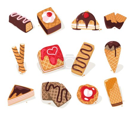 Téléchargez les illustrations : Waffle breakfast. Sweet crispy belgian wafer pastries with different fillings and toppings, delicious bakery dessert snack cartoon flat style. Vector collection of breakfast sweet dessert illustration - en licence libre de droit