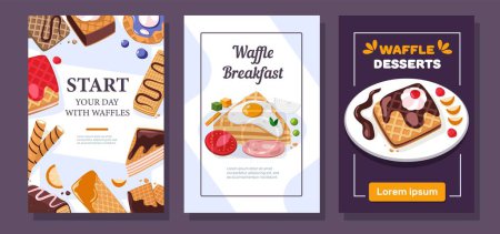 Illustration for Waffle breakfast flyer. Cafe bakery advertising with delicious belgian wafer snack cartoon style, promo pastry posters for morning menu design. Vector set of bakery breakfast flyer illustration - Royalty Free Image