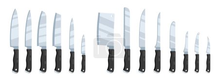 Illustration for Kitchen knives. Cartoon sharp blade knife, variety of tableware cooking tools of stainless steel, chef equipment flat style. Vector isolated set of blade sharp for kitchen illustration - Royalty Free Image