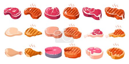 Illustration for Meat tenderloin. Cartoon sliced butchery steaks for barbecue, cooked grilled roasted pork, raw beef rib lamb sirloin, fresh products concept. Vector flat set of butchery steak and food illustration - Royalty Free Image