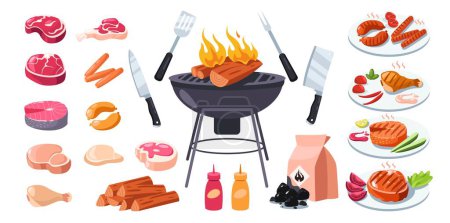 Téléchargez les illustrations : Barbecue grill. Cartoon bbq elements set, brazier coal kebab skewers sausages sauce meat steaks, picnic equipment to prepare food. Vector flat collection of picnic bbq and grill illustration - en licence libre de droit