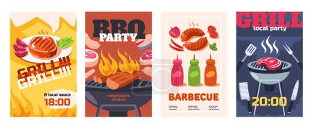Téléchargez les illustrations : Grill party poster. Barbecue flyer templates with equipment for cooking and grilled roasted meat, outdoor picnic or cookout event invitations. Vector cartoon set of barbecue grill cooking illustration - en licence libre de droit