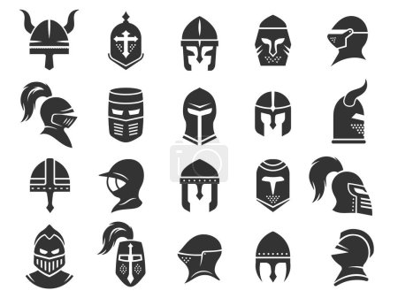 Illustration for Medieval helmets. Ancient warrior knight head armor with visor plumage, spartan fighter protective elements flat style. Vector isolated collection of warrior head helmet, medieval knight illustration - Royalty Free Image