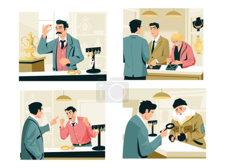 Illustration for Sell and buy in pawn shop. Pawnbroker jeweler argue with customer, jewellery store showcase with expensive precious things cartoon style. Vector set of pawn shop and pawnshop illustration - Royalty Free Image