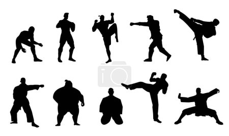 Téléchargez les illustrations : Des silhouettes de combattants martiaux. Les athlètes noirs frappent les adversaires et le sparring, concept traditionnel des arts de combat. Collection vectorielle d'illustration de combattant athlète - en licence libre de droit