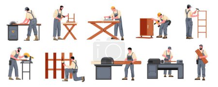 Illustration for Carpenter with furniture. Man with lumber equipment working sawing with wood material, woodworking carpentry handcraft concept. Vector cartoon set of carpenter make furniture illustration - Royalty Free Image