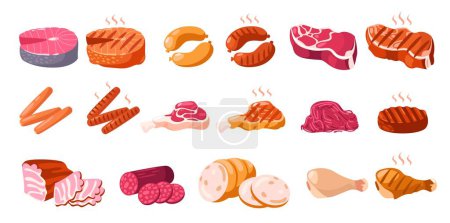 Téléchargez les illustrations : Cartoon meat products. Raw steaks sausages and forcemeat, fresh meaty ingredients for bbq, pork beef chicken sirloin stuffing, gourmet meal. Vector collection of raw steak and beef illustration - en licence libre de droit