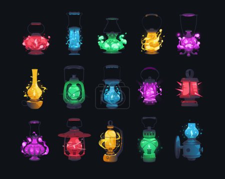 Illustration for Magic lantern. Fantasy night lamp cartoon flat style for ui asset, fairytale lighting equipment video game design concept. Vector isolated collection of magic fantasy lantern illustration - Royalty Free Image