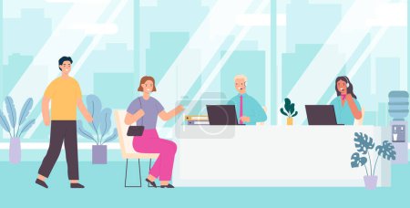 Illustration for Bank employees and clients banking support and service. Illustration of business worker, character at desk vector - Royalty Free Image