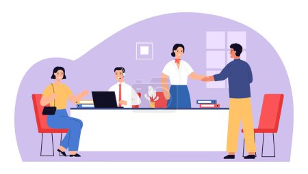 Illustration for Bank service employees and clients, financial consultation. Office bank service, financial business, credit banking payment, worker at desk illustration - Royalty Free Image