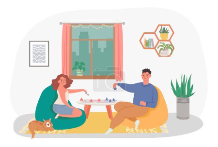 Illustration for Family spend time at home together play in game. Vector of people together, family couple at apartment, scene of joyful evening, spending time illustration - Royalty Free Image
