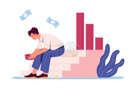 Financial crisis upset businessman in fail bankrute. Vector of business bankrupt, bankruptcy or crisis, finance down and unhappy, depression market illustration