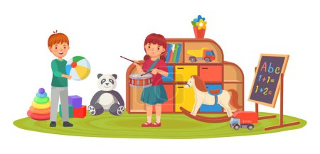 Illustration for Kids in playing room with toys and musical instrument. Vector of kids room, girl and boy, children character happy in kindergarten illustration - Royalty Free Image