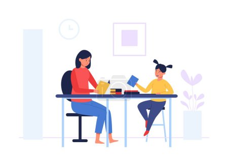 Téléchargez les illustrations : Mother and small daughter doing home task together in apartment. Vector of mother and daughter, family parent together learn illustration - en licence libre de droit