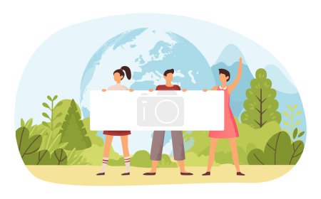 Illustration for People hold save planet banners in green forest, vector of nature planet, environment eco illustration, concept of save earth - Royalty Free Image