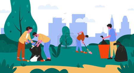 Illustration for Volunteers cleaning up parks, pick up rubbish. Illustration of rubbish in park, garbage and trash, environment cleaning and volunteering - Royalty Free Image