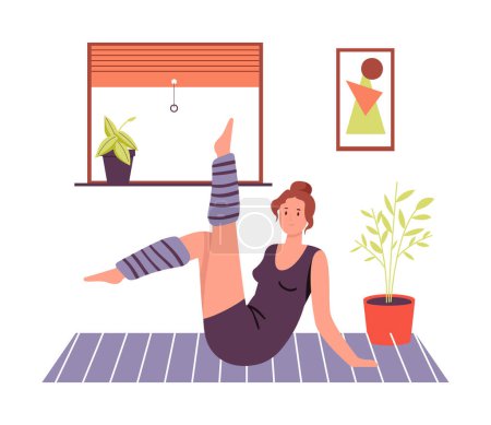 Téléchargez les illustrations : Woman practicing do yoga exercise at home. Vector yoga woman illustration, sport and fitness workout, healthy training exercise for body - en licence libre de droit