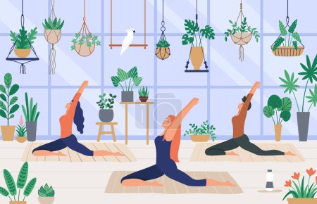Illustration for Womans relax yoga and meditation in botanist greenhouse. Vector of yoga woman meditation, illustration of health relax pose - Royalty Free Image