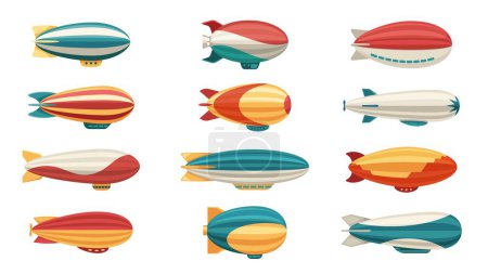Illustration for Dirigible. Cartoon airship old travel transport industry, retro balloon airplane flying helium air machine, aircraft aviation concept. Vector flat set of dirigible flight illustration - Royalty Free Image