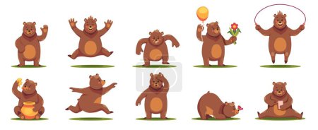 Illustration for Cartoon bear. Cute friendly wildlife animals in different poses and situations, fluffy grizzly mascots, funny adorable zoo mammal characters. Vector set of cute bear wildlife illustration - Royalty Free Image