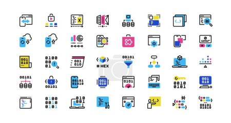 Illustration for Software development line icons. Program coding, application architecture, front-end and back-end development, authorization security. Vector editable stroke. Illustration of programming computer code - Royalty Free Image