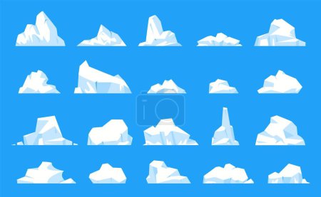 Illustration for Iceberg collection. Floating ice mountain, cartoon glacier in arctic ocean water or north sea, frozen polar glacial fragment melting icy rock peak. Vector set of ice floating iceberg illustration - Royalty Free Image