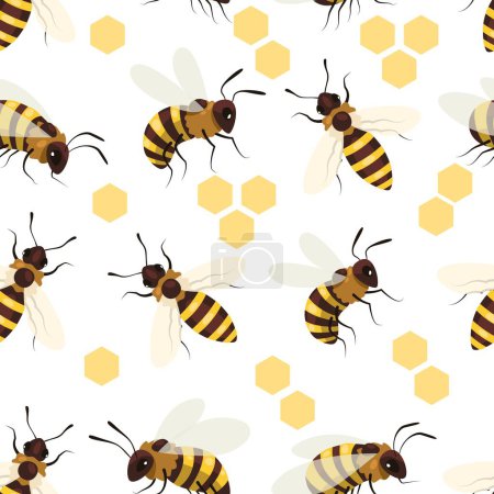 Illustration for Honey bee pattern. Seamless print with winged striped insect, cute doodle apiary beekeeping elements for wrapping decoration fabric. Vector texture of insect and honey pattern illustration - Royalty Free Image