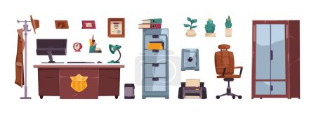 Illustration for Detective office set. Police department interior elements, investigator workplace elements desk clue board with evidence flat style. Vector cartoon collection of office for detective illustration - Royalty Free Image