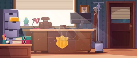 Illustration for Detective office interior. Investigator cabinet room with clue evidence board, police department station inspector workplace flat style. Vector illustration of interior detective cabinet - Royalty Free Image