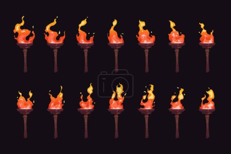Illustration for Torch burning sequence. Sprite animation frame set, cartoon medieval fire blaze icons for game asset, ancient flammable glow symbol. Vector collection of burn torch and flame isolated illustration - Royalty Free Image