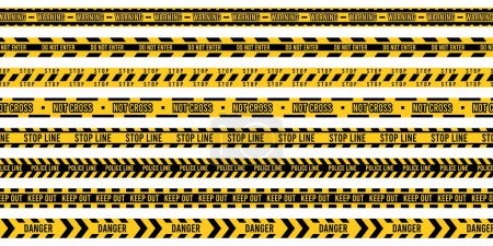 Illustration for Yellow police tape. Crime scene ribbons and Do not cross stripe, danger warning restricted zone strip sign, accident caution concept. Vector set of yellow danger ribbon line illustration - Royalty Free Image