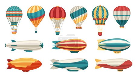 Illustration for Cartoon airship. Dirigible hot air balloon transport with cabin and basket, old aerial transportation, colorful aircraft aviation icons. Vector set of airship dirigible and balloon illustration - Royalty Free Image