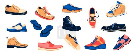 Ilustración de Colección de zapatos para hombre. Las zapatillas a la moda masculinas el calzado deportivo las botas casuales y formales el dibujo animado plano, los pares a la moda del calzado. Vector aislado conjunto de zapatillas de deporte de calzado de moda masculina ilustración - Imagen libre de derechos