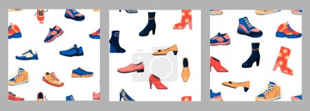 Illustration for Shoes pattern. Seamless prints with sneakers, high heels boots footwear, mens women footgear for wallpaper or wrapping design. Vector texture set of seamless wallpaper sport shoes pattern illustration - Royalty Free Image