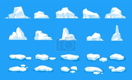 Téléchargez les illustrations : Des floes de glace. Morceaux de glaciers flottants antarctiques, icebergs en fusion et blocs glacés gelés, floe de givre bleu dans un style plat d'eau froide. Ensemble de dessin animé vectoriel, illustration de fusion de l'iceberg nord - en licence libre de droit
