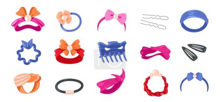 Illustration for Hair ties. Cute hairpin hairband bow scrunchy icons, cartoon girlish fashion hairstyle accessories hairdressing equipment flat style. Vector set of hairband and hairpin accessory illustration - Royalty Free Image