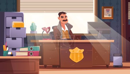 Illustration for Detective in office. Police officer cartoon character in investigator cabinet workspace, private agent with crime scene investigation board. Vector illustration of detective policeman investigation - Royalty Free Image